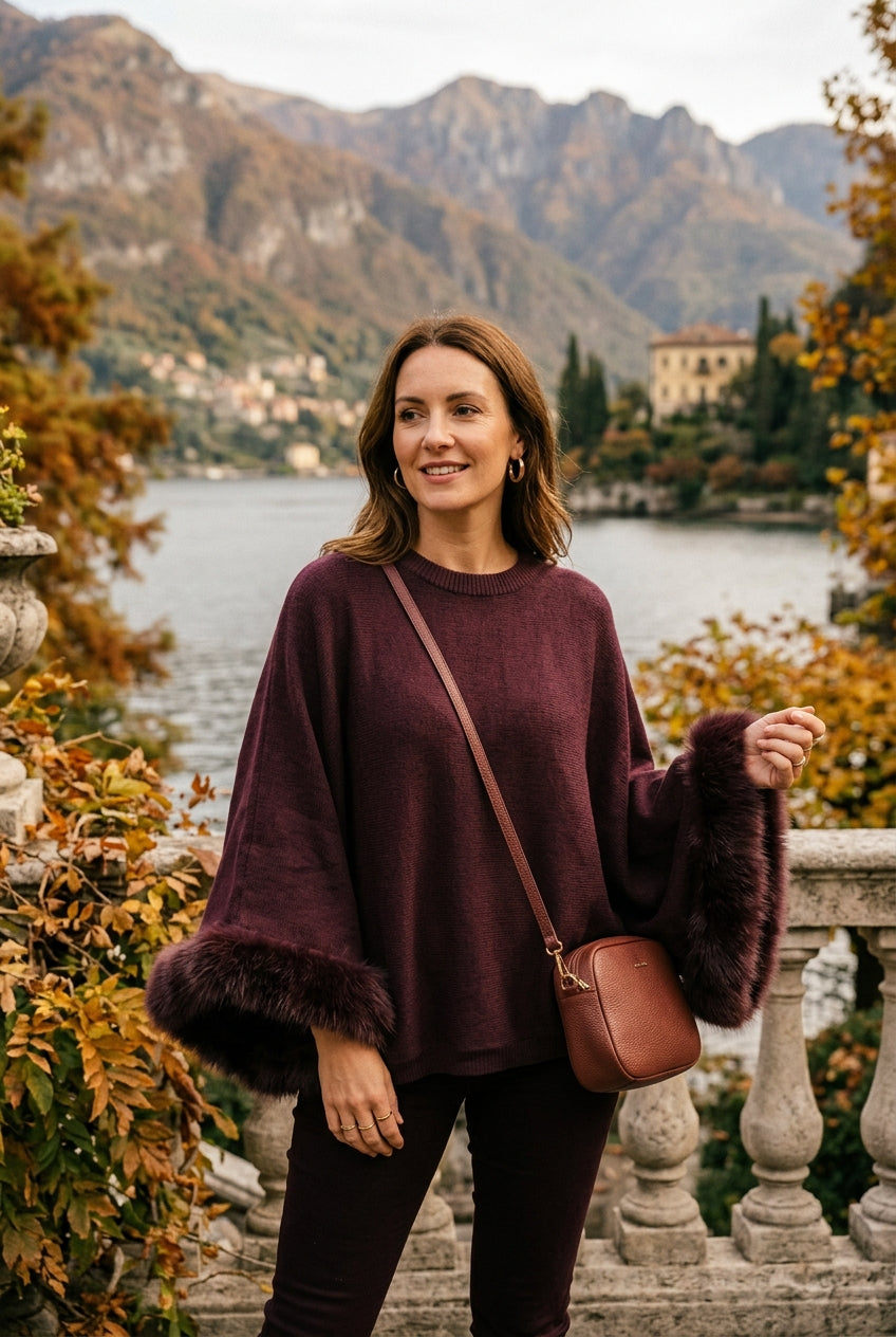 FAUX-FUR TRIM BATWING SOFT KNIT JUMPER