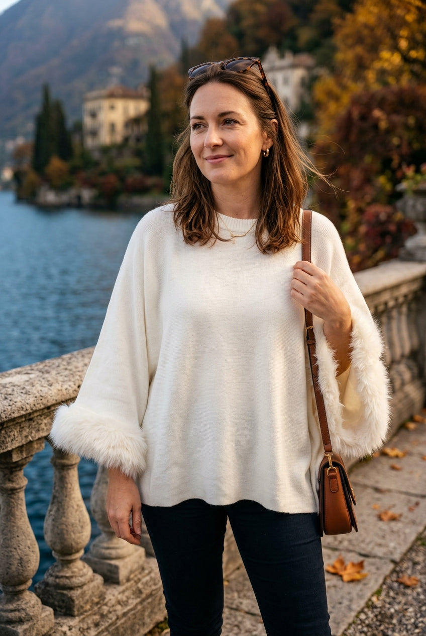 FAUX-FUR TRIM BATWING SOFT KNIT JUMPER