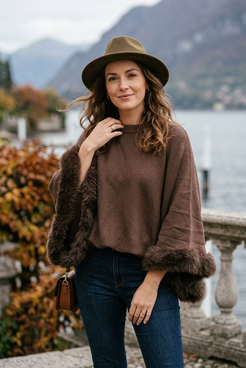 FAUX-FUR TRIM BATWING SOFT KNIT JUMPER