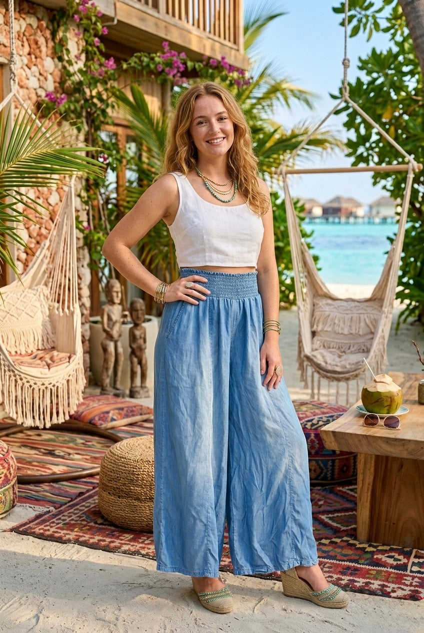 DENIM ELASTICATED WAISTN WIDE LEG TROUSER