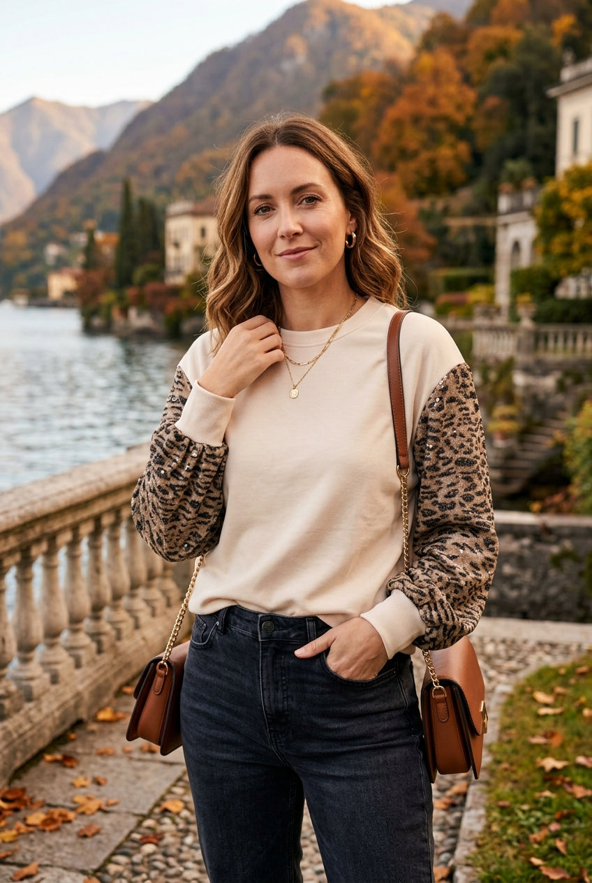 LEOPARD SEQUIN SLEEVE SWEATSHIRT