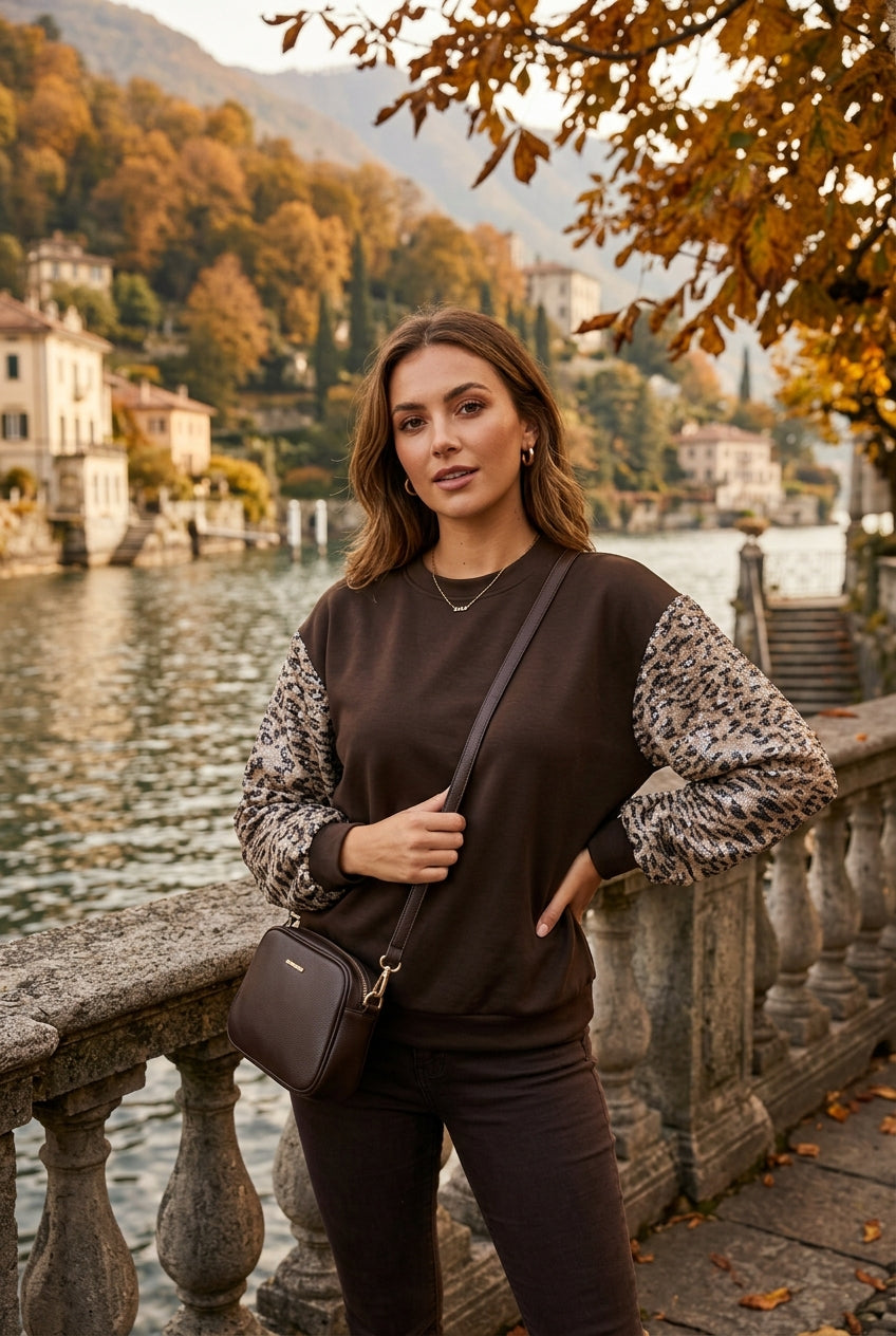 LEOPARD SEQUIN SLEEVE SWEATSHIRT