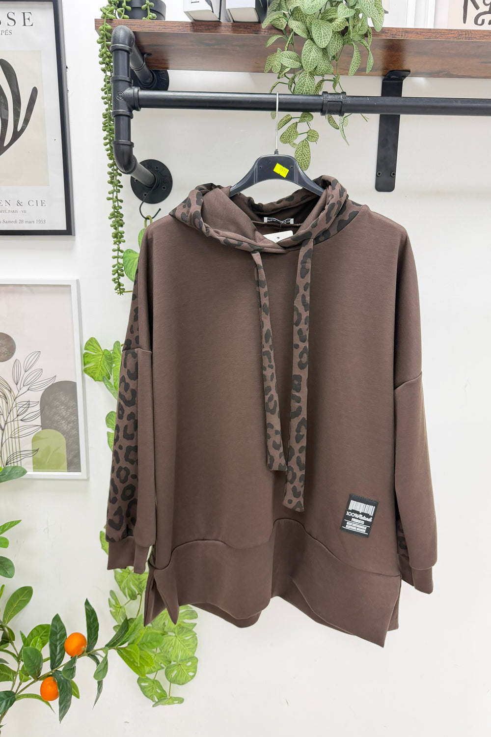 LEOPARD PANEL DRAWSTRING HOODIE
