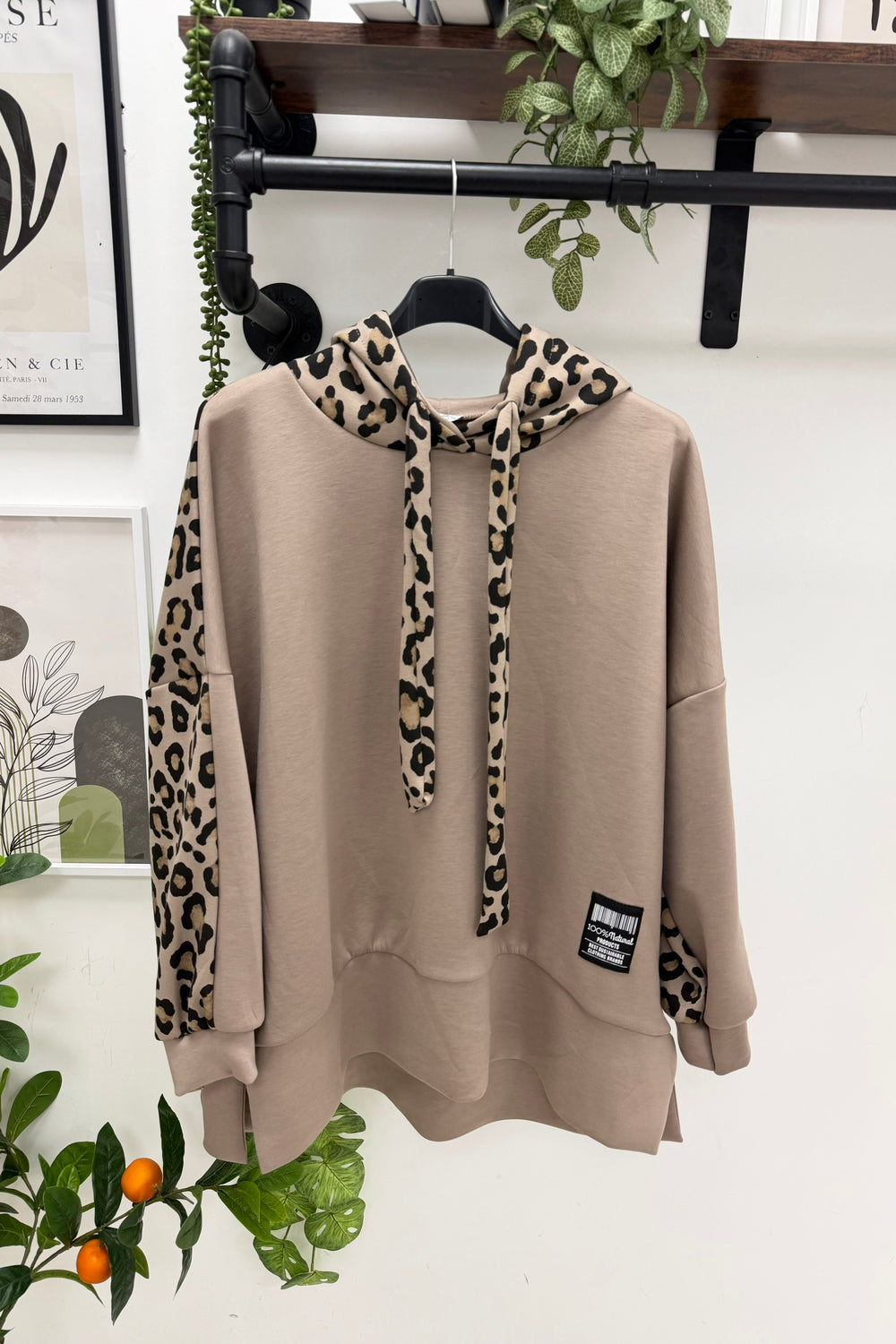 LEOPARD PANEL DRAWSTRING HOODIE