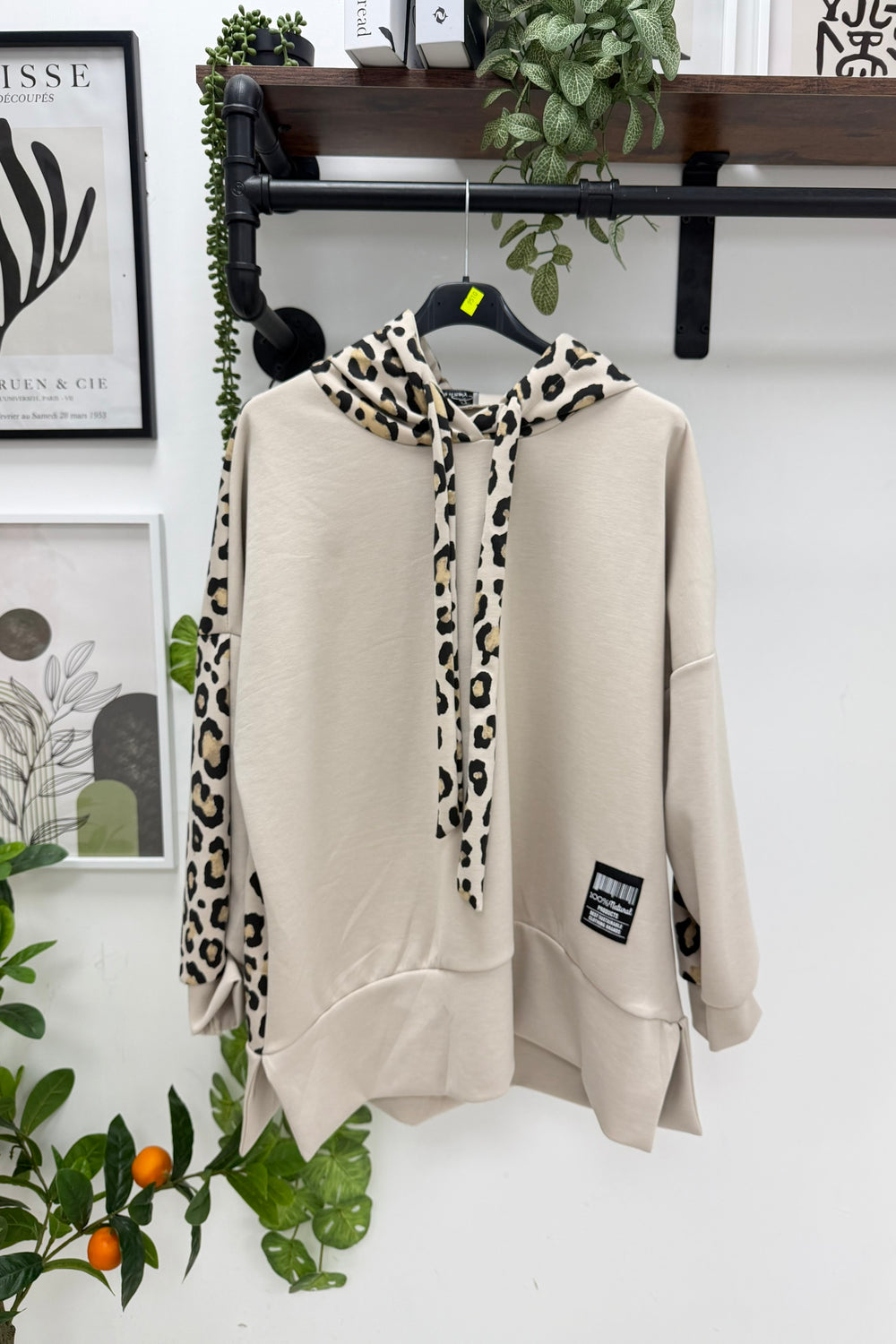 LEOPARD PANEL DRAWSTRING HOODIE