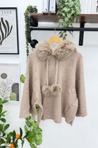 FAUX-FUR COLLAR WITH POM-POM DRAWSTRING HOODIE