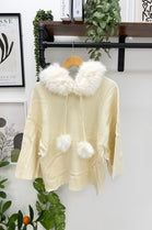FAUX-FUR COLLAR WITH POM-POM DRAWSTRING HOODIE