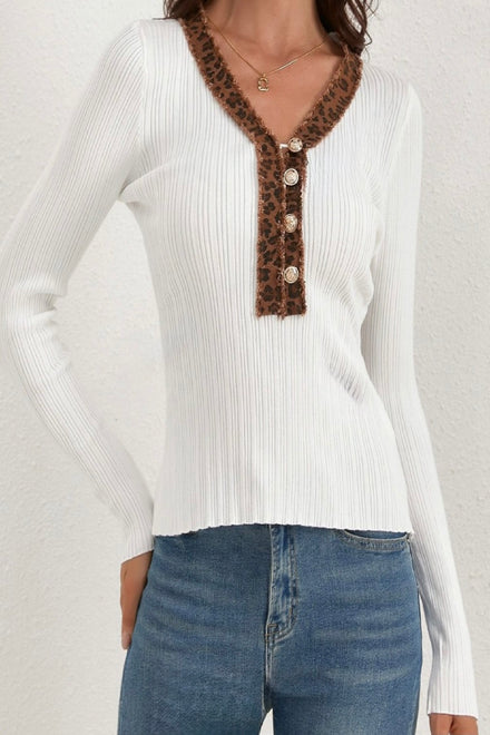 LEO DENIM TRIM VNECK GOLD BUTTON TOP (15297217495424)