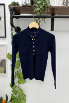 BUTTON-UP RIBBED  MOCK-NECK TOP