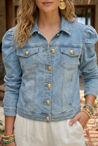 PUFF SLEEVE GOLD BUTTON DENIM JACKET