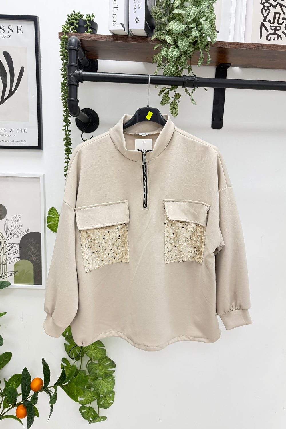 HALF-ZIP SEQUIN POCKET SWEATSHIRT
