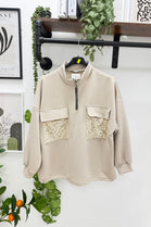 HALF-ZIP SEQUIN POCKET SWEATSHIRT