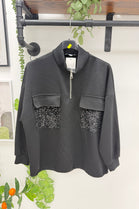 HALF-ZIP SEQUIN POCKET SWEATSHIRT