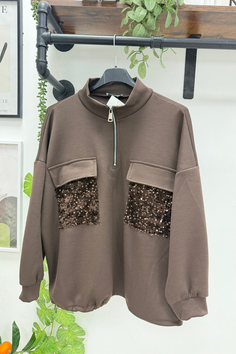 HALF-ZIP SEQUIN POCKET SWEATSHIRT