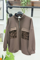 HALF-ZIP SEQUIN POCKET SWEATSHIRT