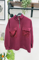 HALF-ZIP SEQUIN POCKET SWEATSHIRT