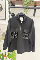 HALF-ZIP SEQUIN POCKET SWEATSHIRT