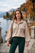 HALF-ZIP SEQUIN POCKET SWEATSHIRT