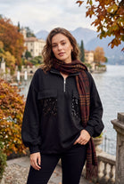 HALF-ZIP SEQUIN POCKET SWEATSHIRT