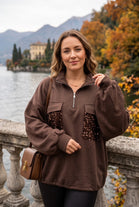 HALF-ZIP SEQUIN POCKET SWEATSHIRT