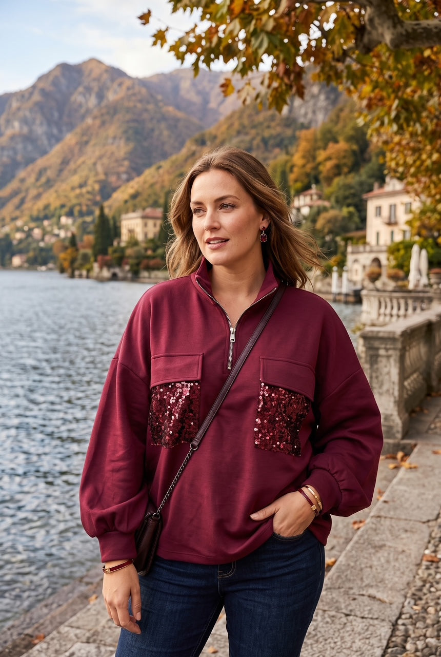 HALF-ZIP SEQUIN POCKET SWEATSHIRT