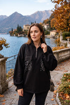 HALF-ZIP SEQUIN POCKET SWEATSHIRT