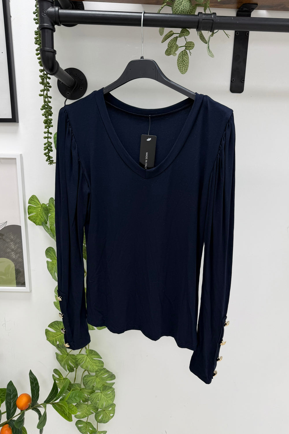 GOLD BUTTON LONG SLEEVE V-NECK JERSEY TOP