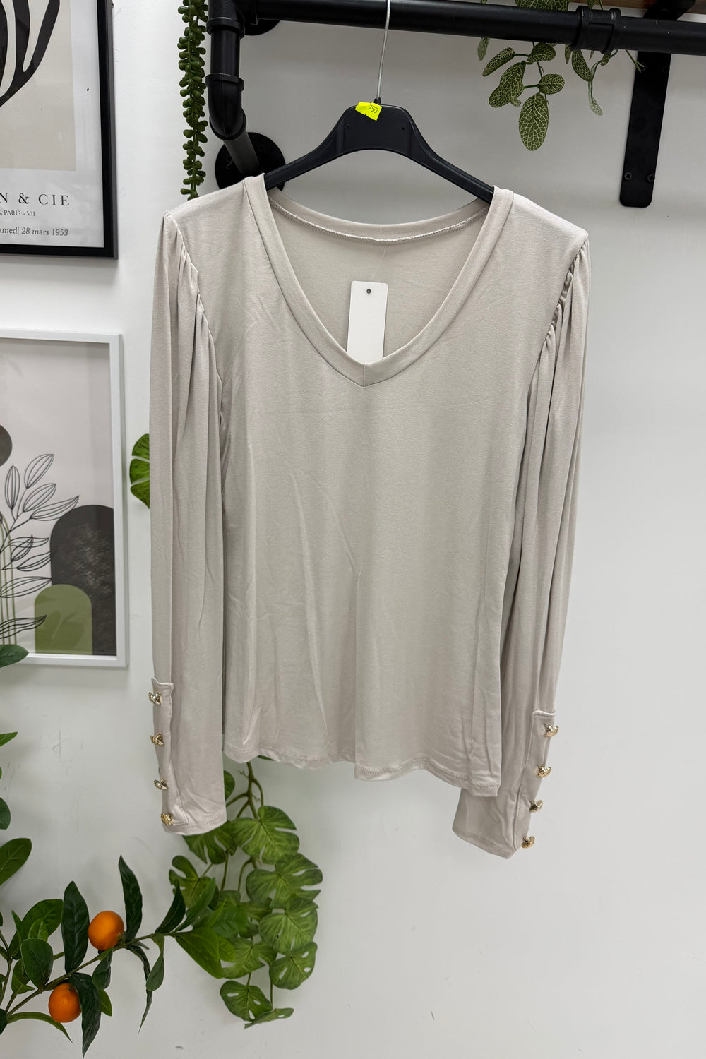 GOLD BUTTON LONG SLEEVE V-NECK JERSEY TOP