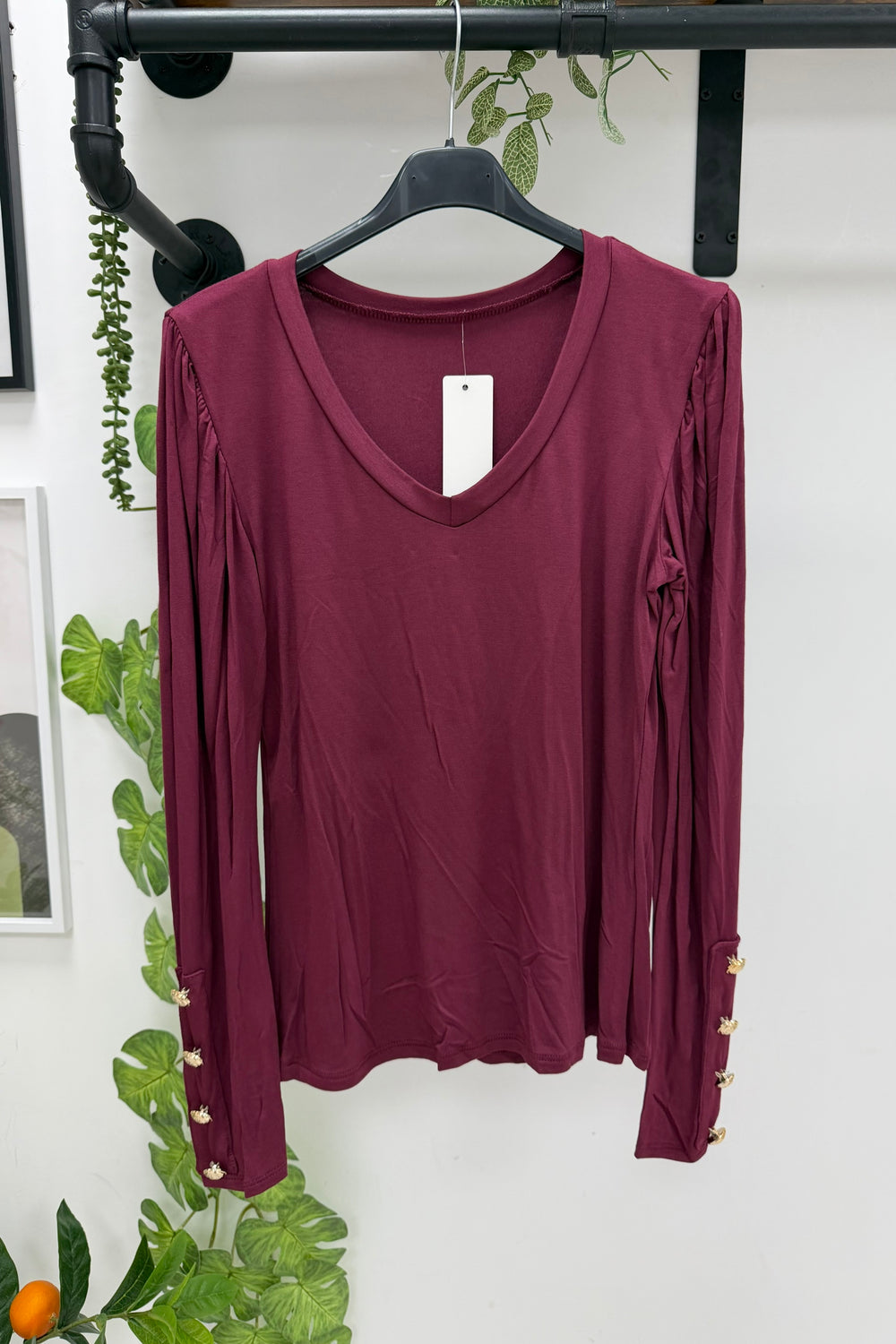 GOLD BUTTON LONG SLEEVE V-NECK JERSEY TOP