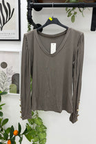 GOLD BUTTON LONG SLEEVE V-NECK JERSEY TOP
