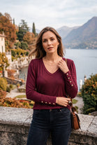 GOLD BUTTON LONG SLEEVE V-NECK JERSEY TOP