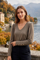GOLD BUTTON LONG SLEEVE V-NECK JERSEY TOP