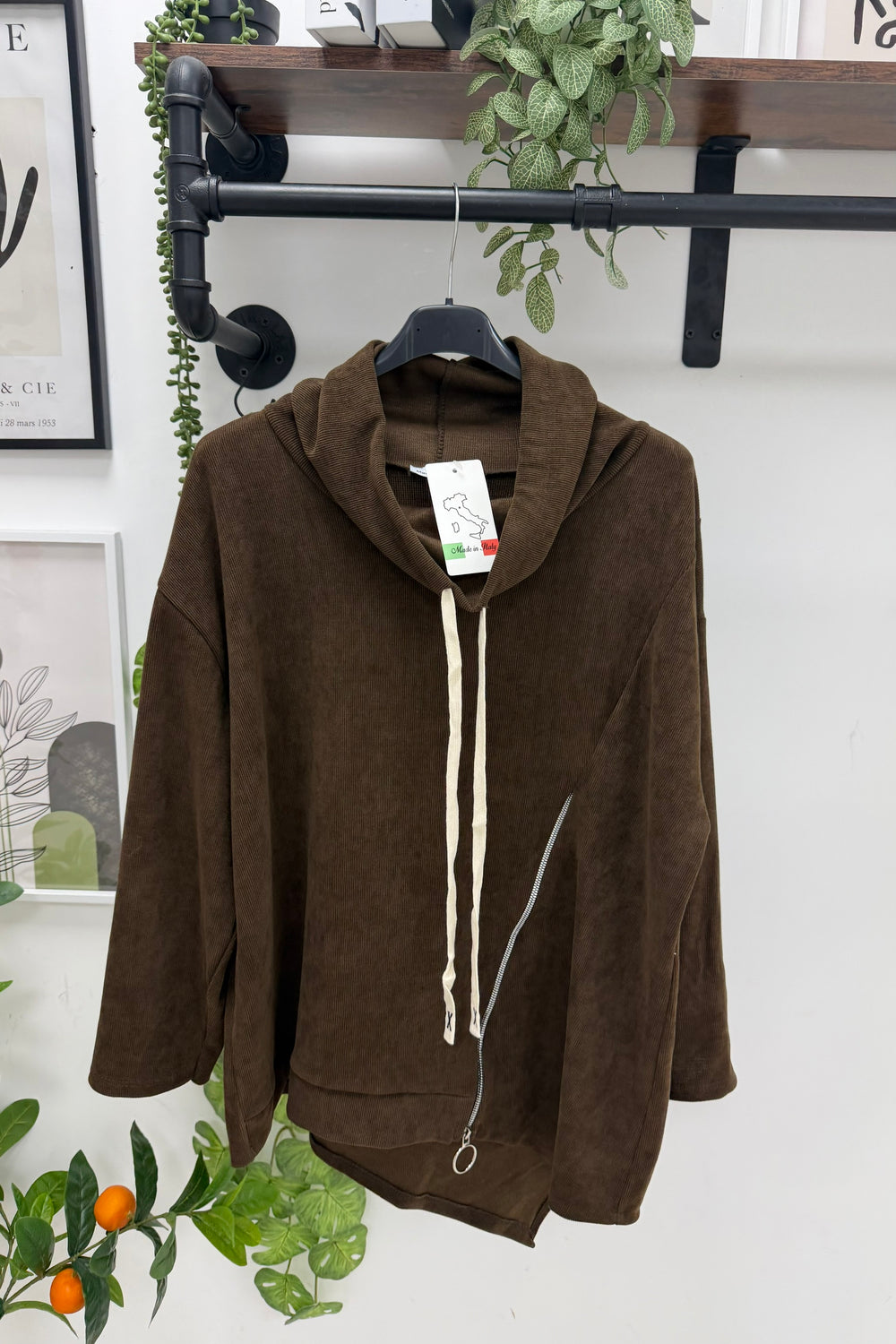 CORDUROY DRAWSTRING SIDE-ZIP OVERSIZED HOODIE