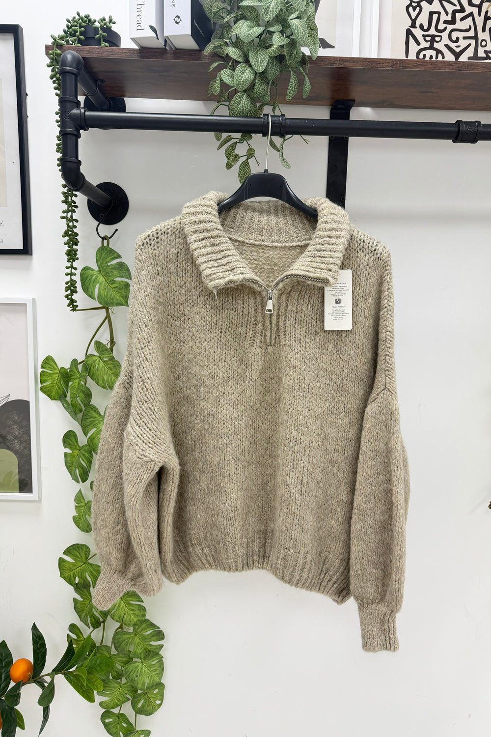 WOOL BLEND HALF-ZIP BUBBLE SLEEVE JUMPER