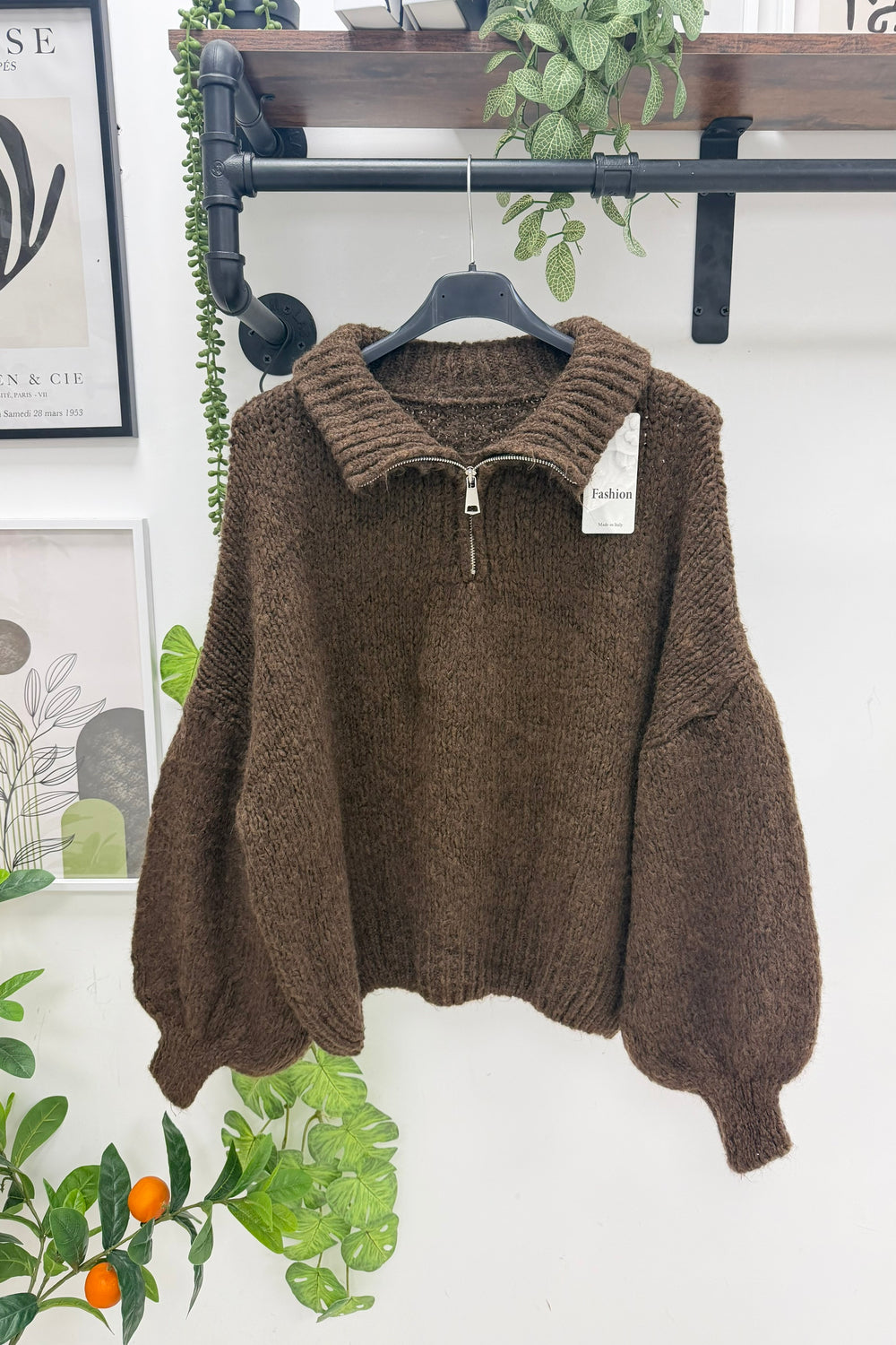 WOOL BLEND HALF-ZIP BUBBLE SLEEVE JUMPER