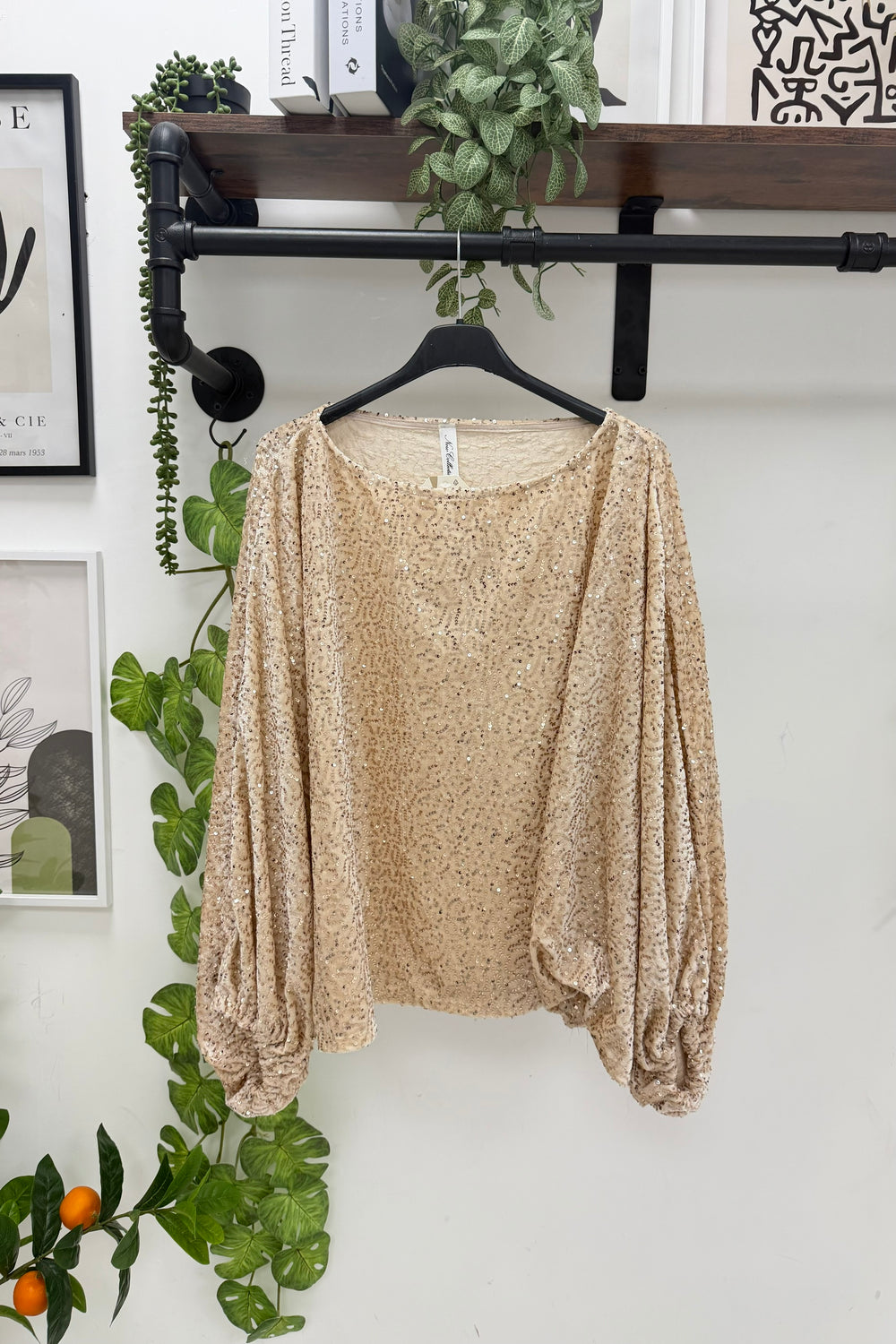 VELVET SEQUIN BALLON SLEEVE TOP