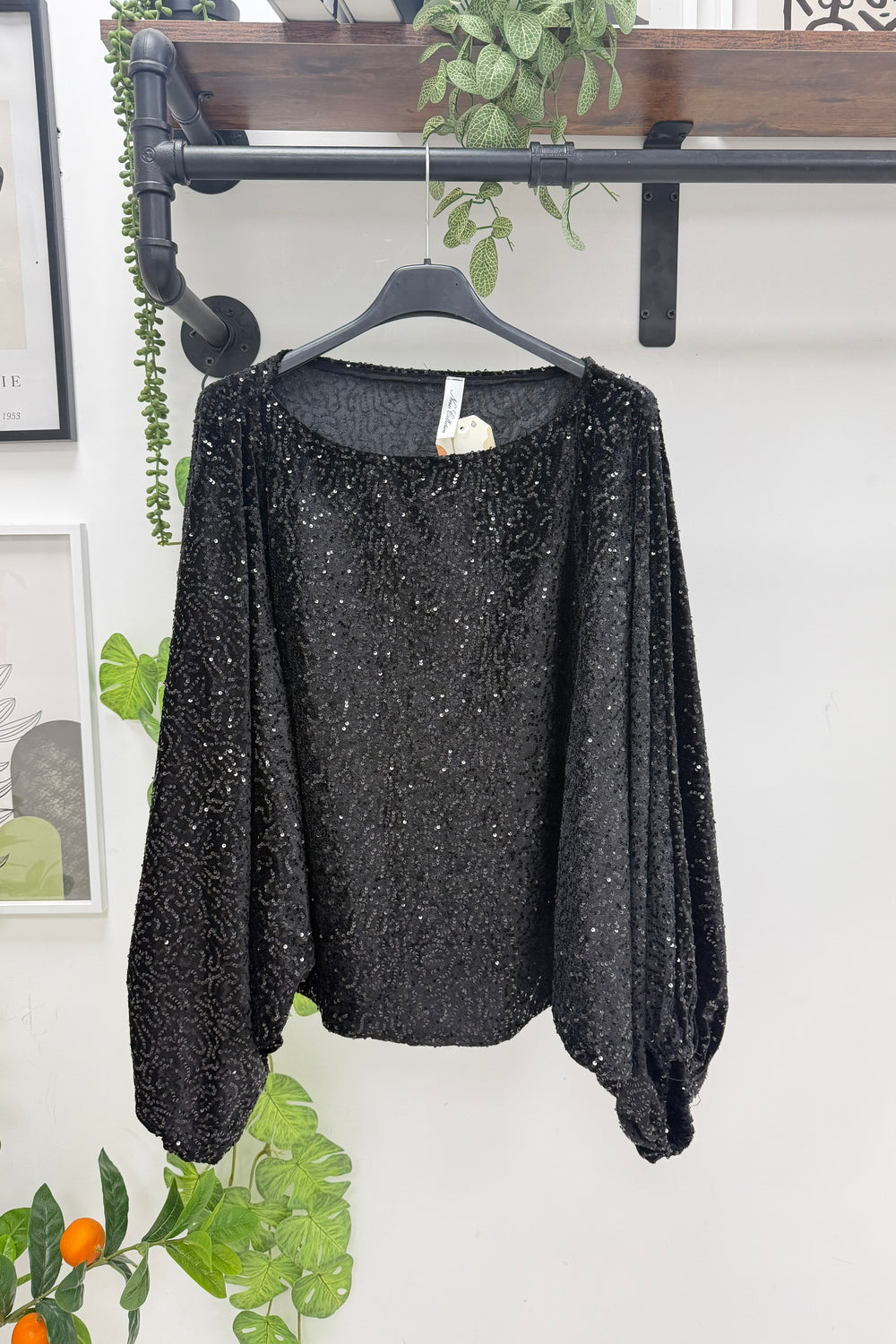 VELVET SEQUIN BALLON SLEEVE TOP