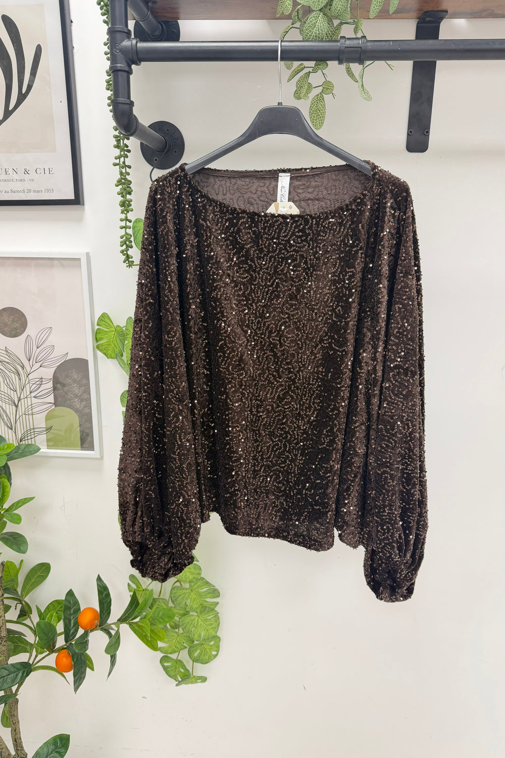 VELVET SEQUIN BALLON SLEEVE TOP