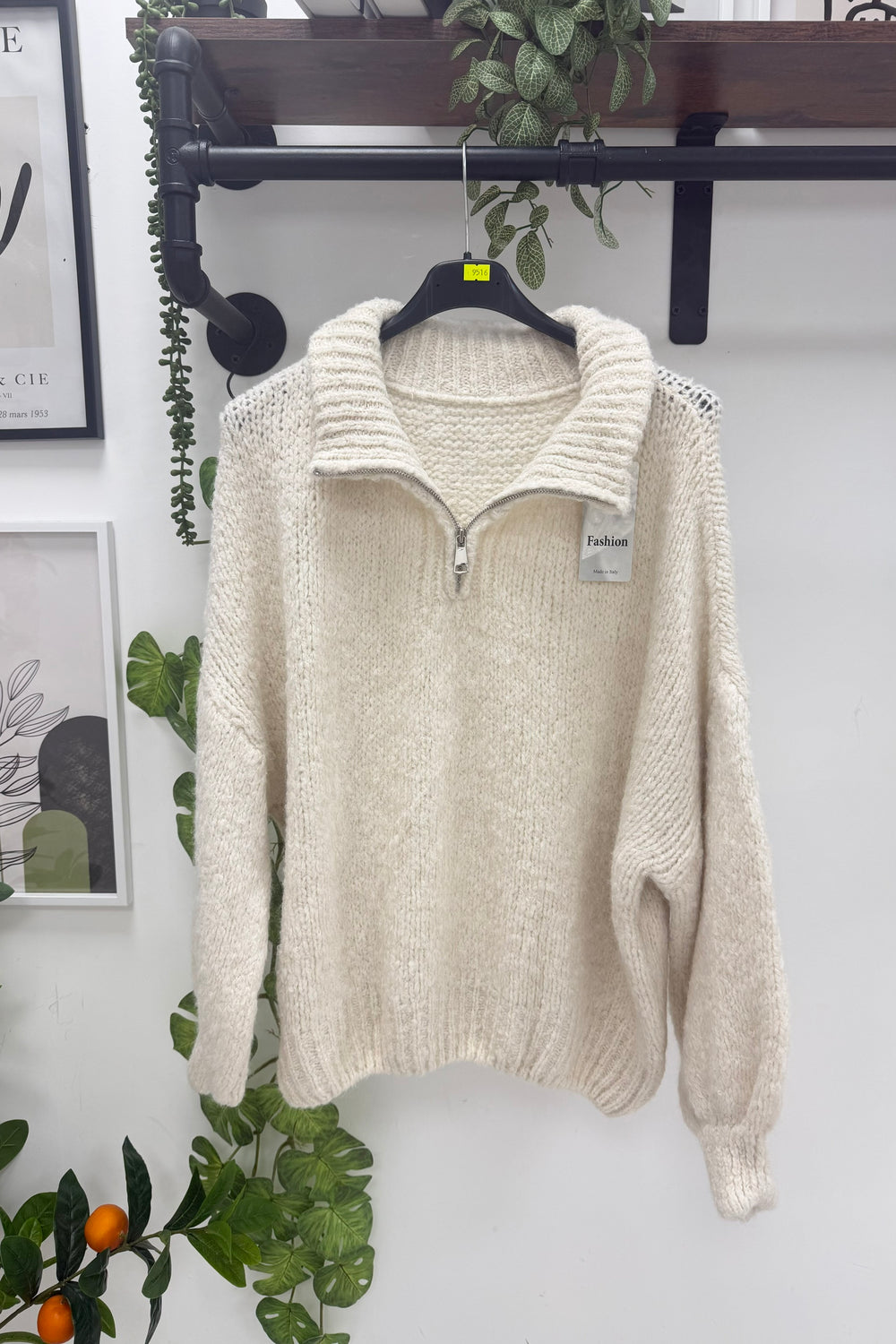 WOOL BLEND HALF-ZIP BUBBLE SLEEVE JUMPER