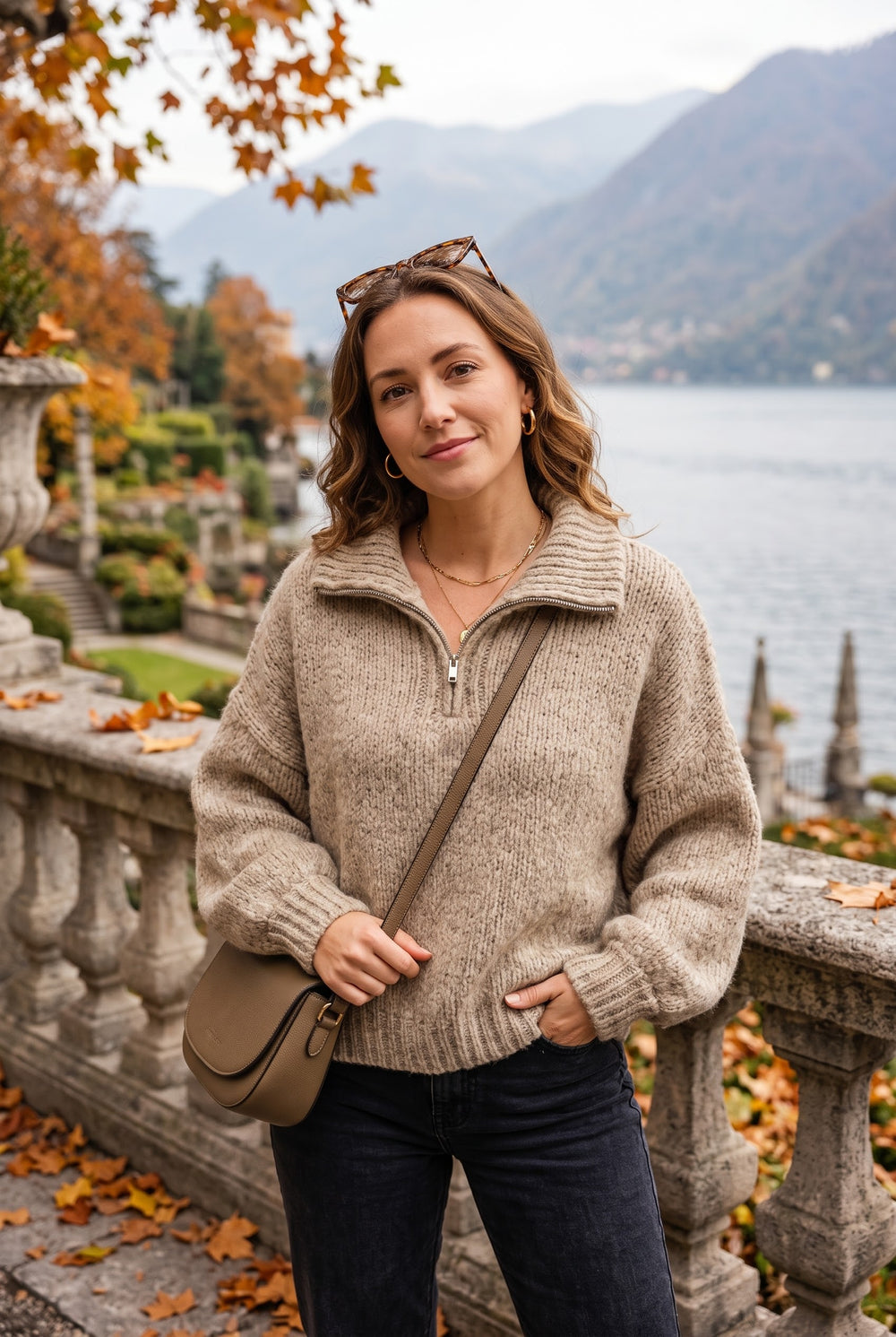 WOOL BLEND HALF-ZIP BUBBLE SLEEVE JUMPER