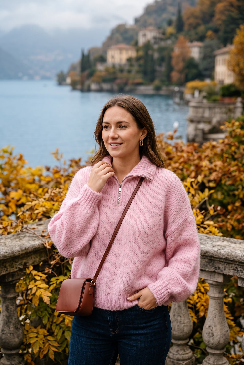 WOOL BLEND HALF-ZIP BUBBLE SLEEVE JUMPER