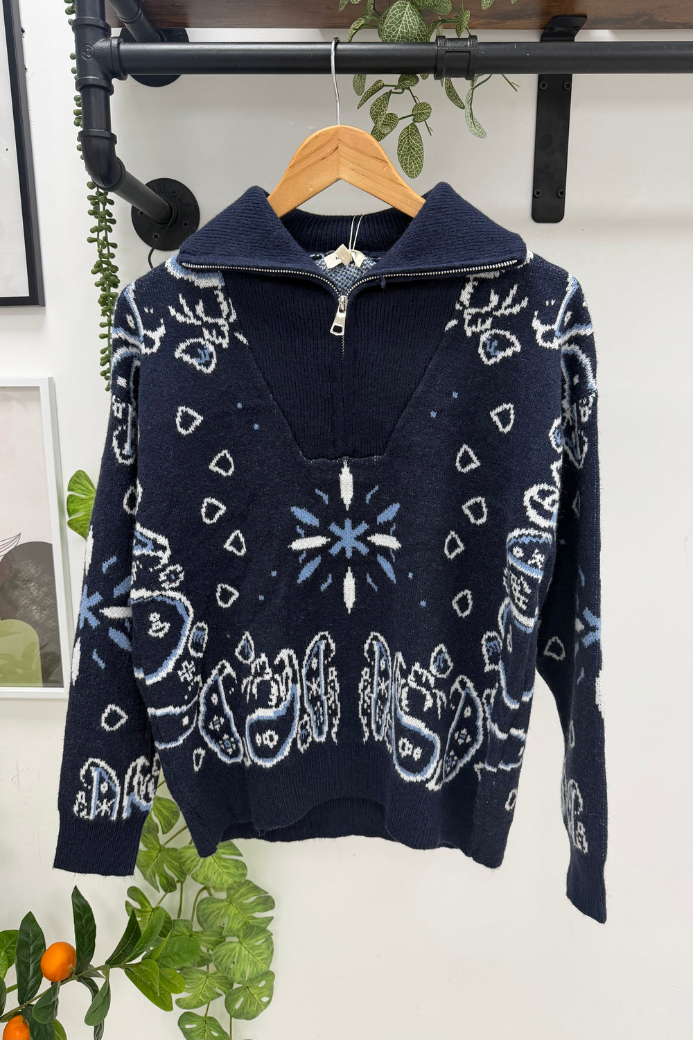 PAISLEY PRINTED HALF-ZIP KNIT JUMPER