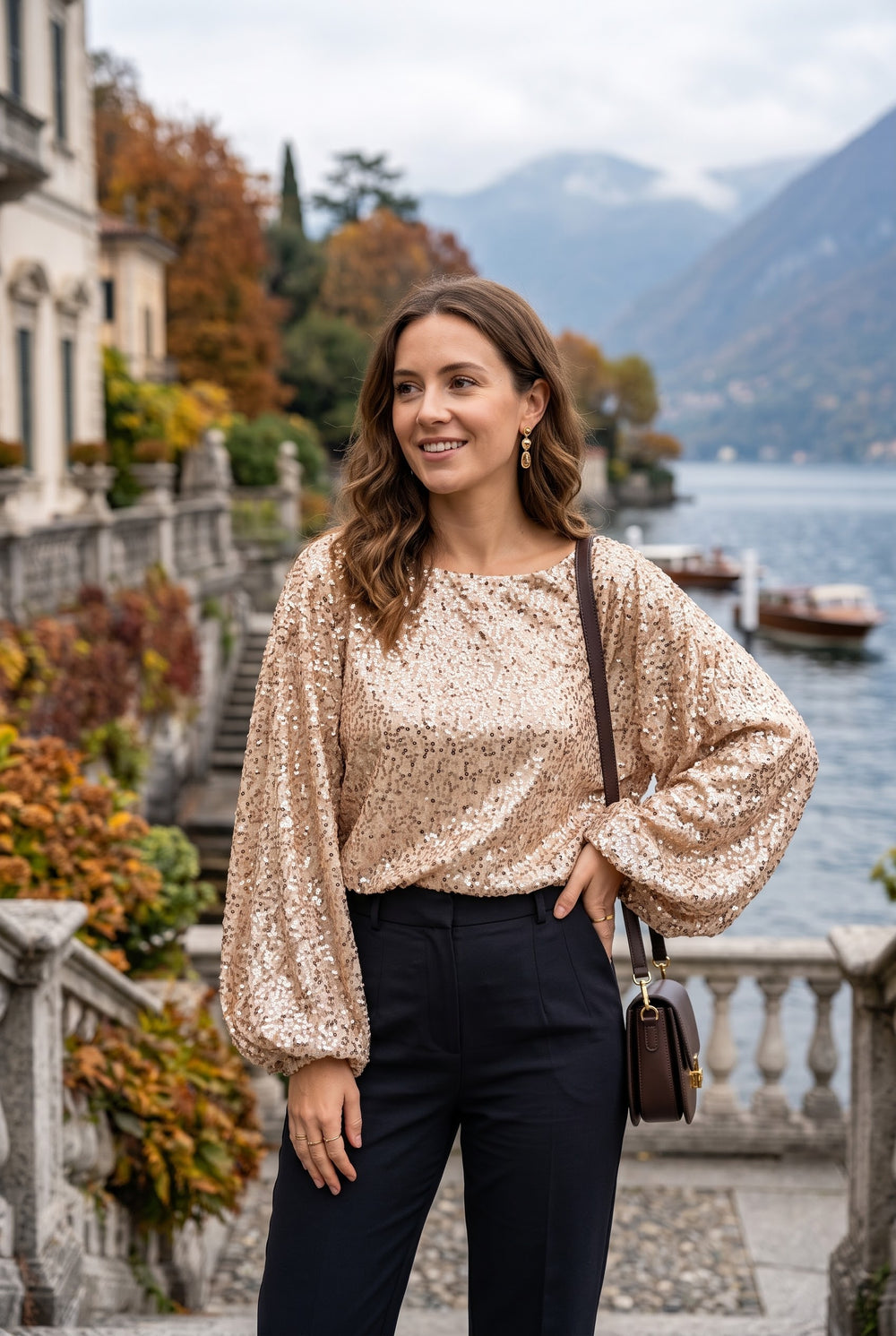 VELVET SEQUIN BALLON SLEEVE TOP