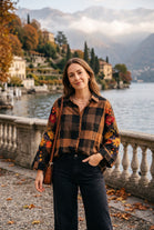 FLORAL EMDROIDERED SLEEVE CHECK SHIRT