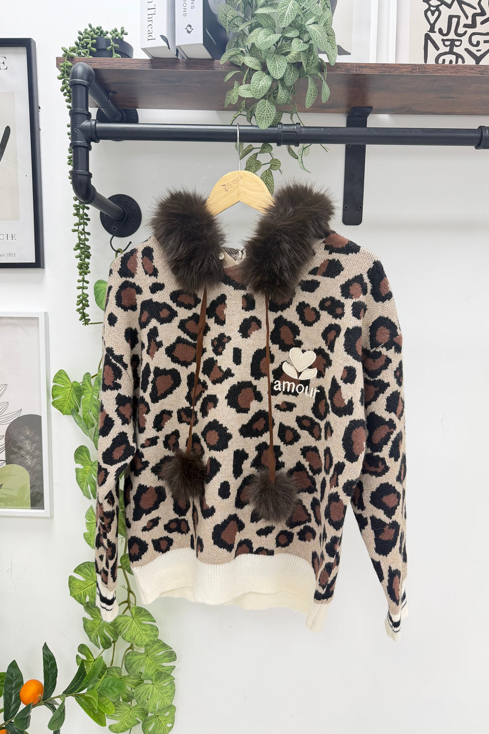 LEOPARD PRINT FAUX-FUR TRIM HOODIE