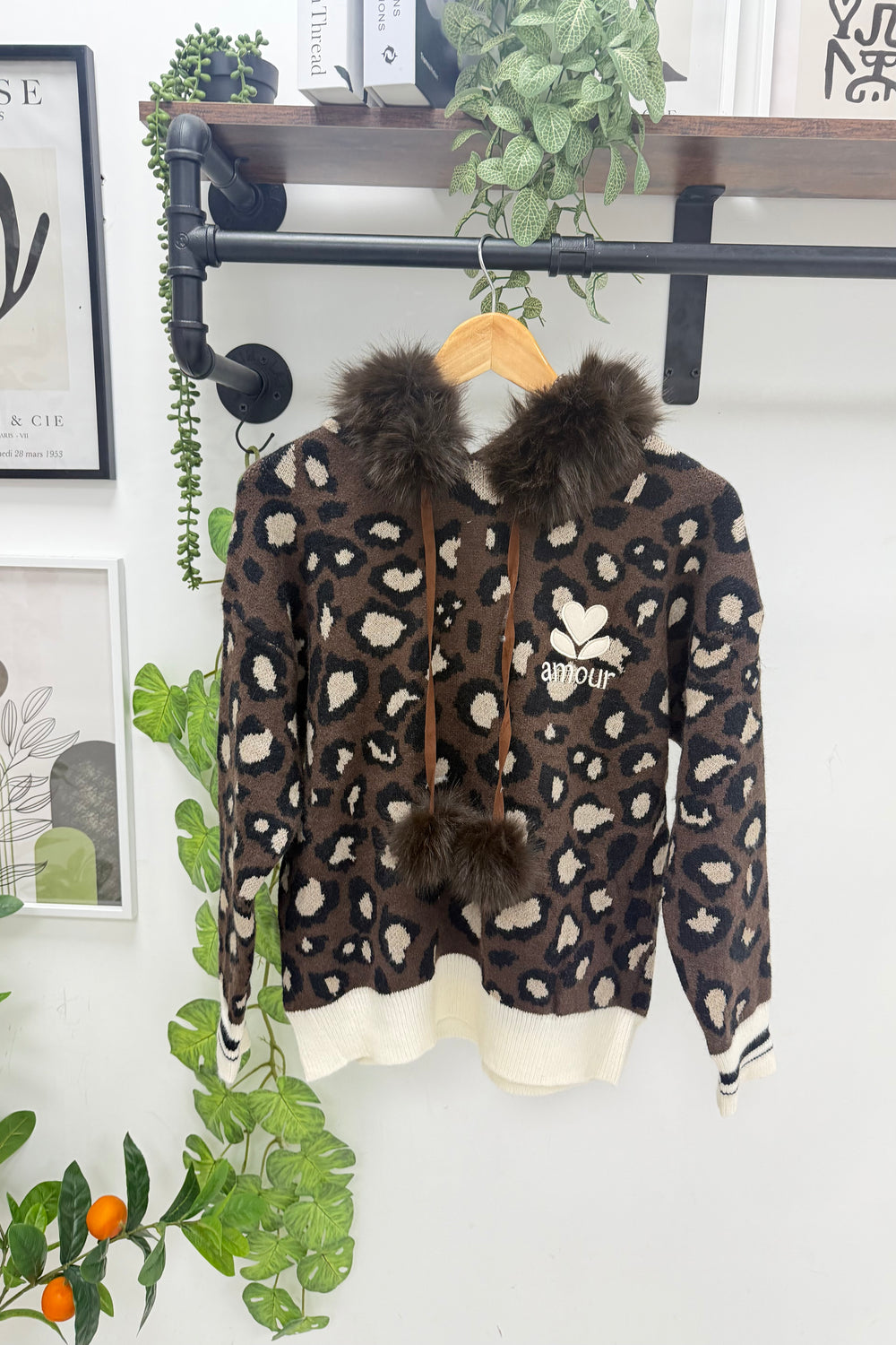 LEOPARD PRINT FAUX-FUR TRIM HOODIE