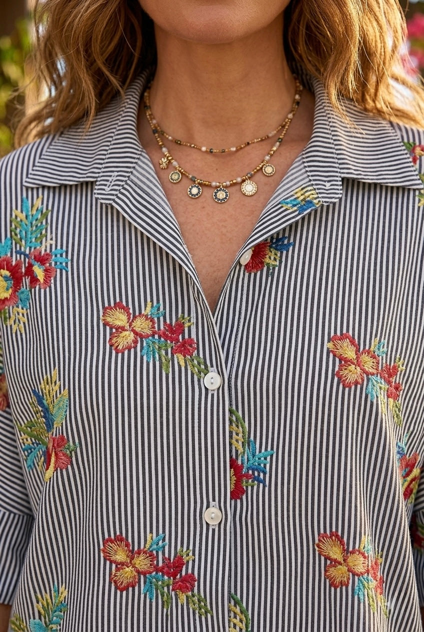 STRIPE FLORAL EMBROIDERY SHIRT