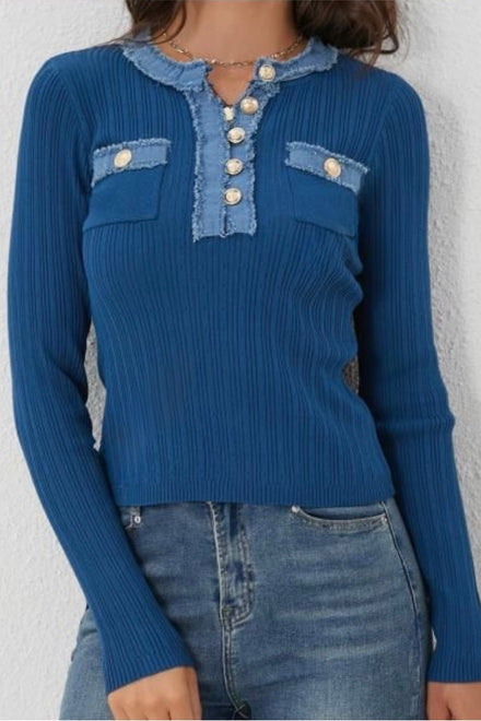 GOLD BUTTON DENIM TEXTURED KNIT TOP (15313779786112)