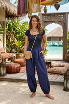 SHORT SLEEVE RIBBED BODICE HAREM JUMPSUIT