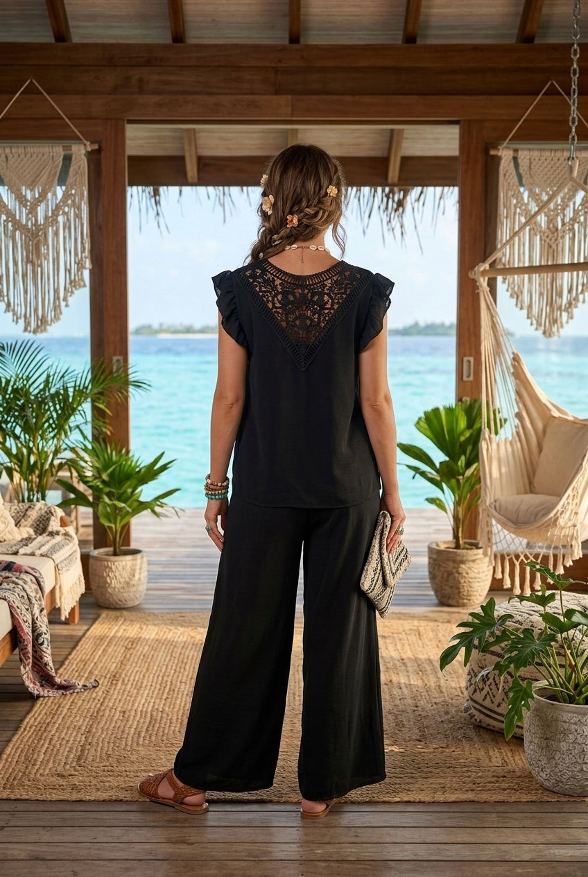 CROCHET-BACK  FLUTTER SLEEVE LOUGE SET
